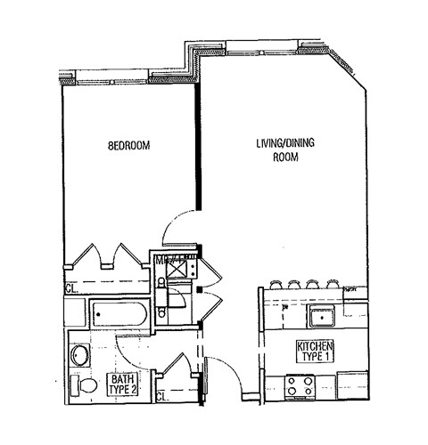 Floor plan for 1 bed, 1 bath